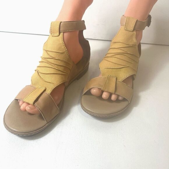 Timberland Mustard Tan Leather/Canvas Wrap Sandals Womens 8 Open Toe Ankle Strap - Picture 2 of 11